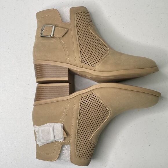 Mia Katrine Perforated Low Stack Heel Vegan Ankle Bootie Strap Buckle Size Zip - Picture 13 of 14